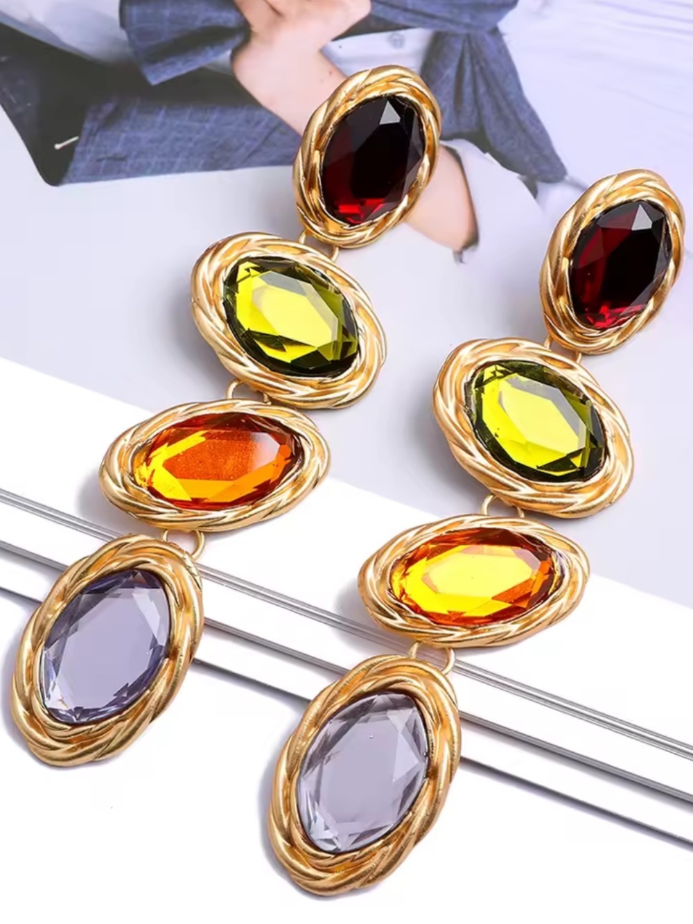 Goldtone Drop Earrings with Red, Yellow, Orange & Purple Stones